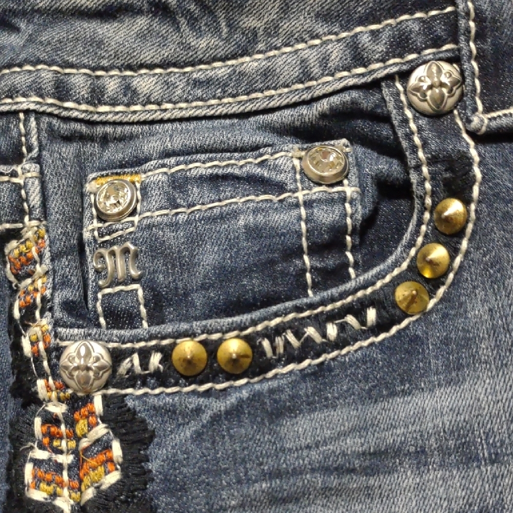Miss Me Distressed Blue Jean Shorts with Multicolor Embroidery - Picture 11 of 11